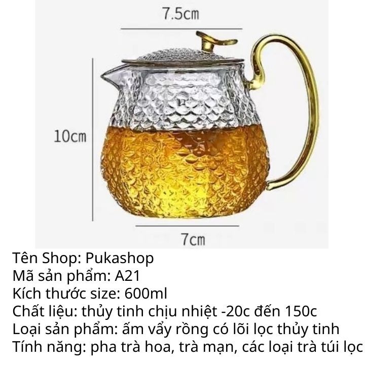 Ấm Thủy Tinh Vẩy Cá Size 600ml Puka A21